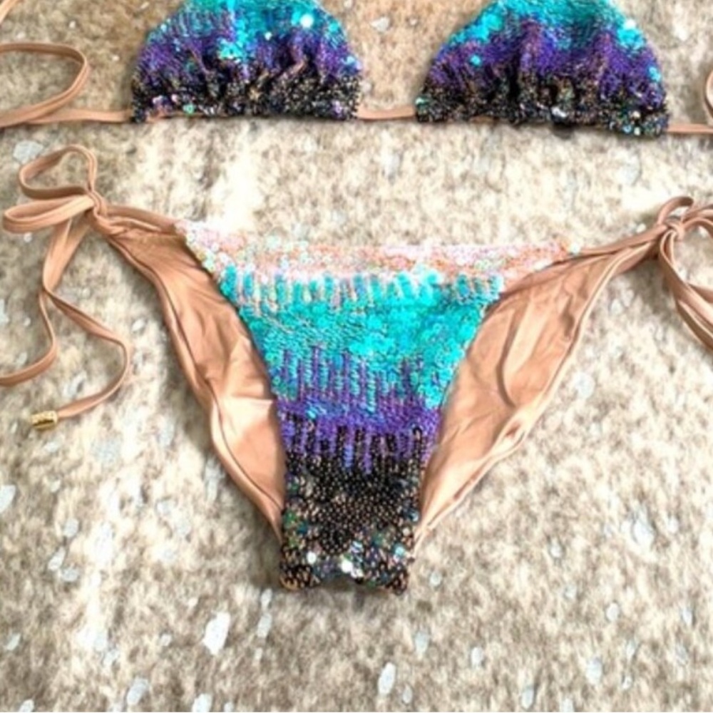 Beach Bunny Sequin Ariel Mermaid blue Bikini bottom bronze NWT